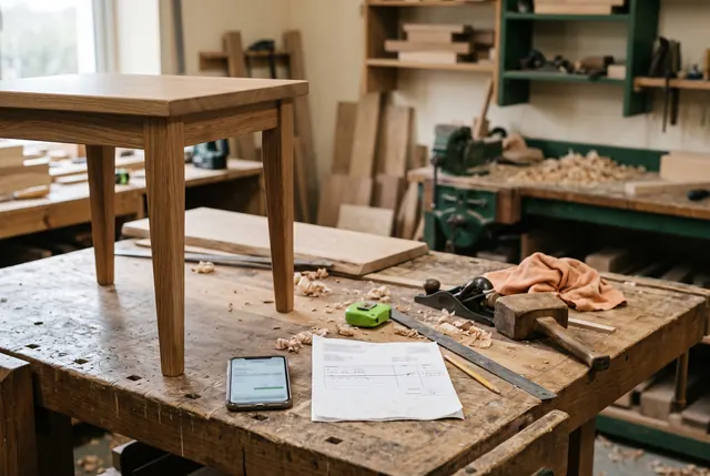 A finished oak side table on a carpenter's workbench, with a phone and a printed job sheet beside it