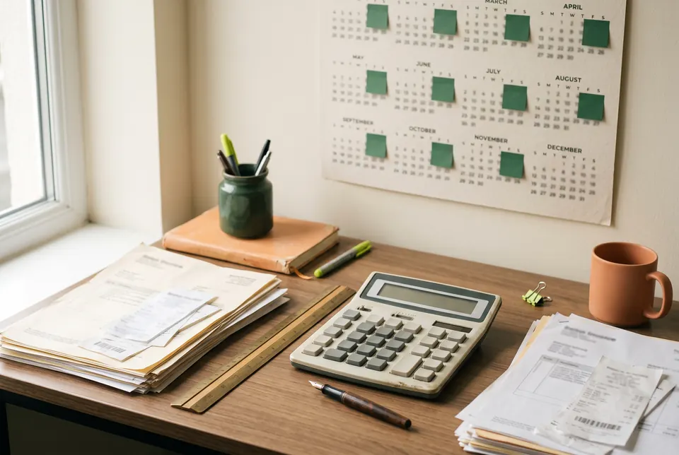 Invoices sorted into two piles on a desk, with a calculator and a marked wall calendar behind