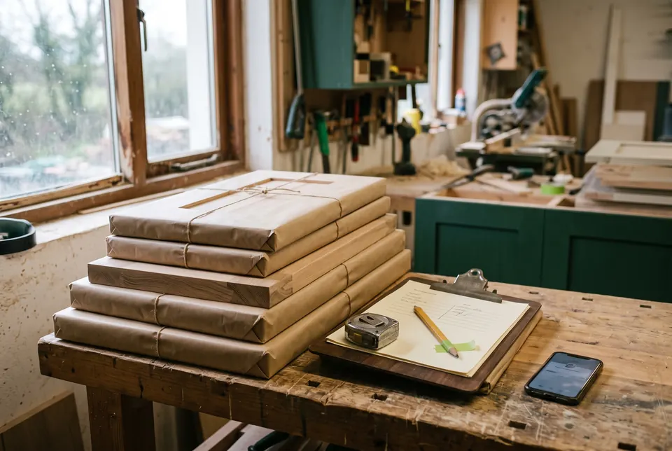 Wrapped kitchen cabinet doors ready to leave a joinery workshop, with a clipboard and a phone on the bench