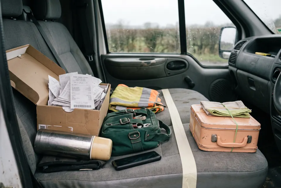 The passenger seat of a work van: a box of receipts, a hi-vis vest and a flask, split from a lunch box by a strip of tape