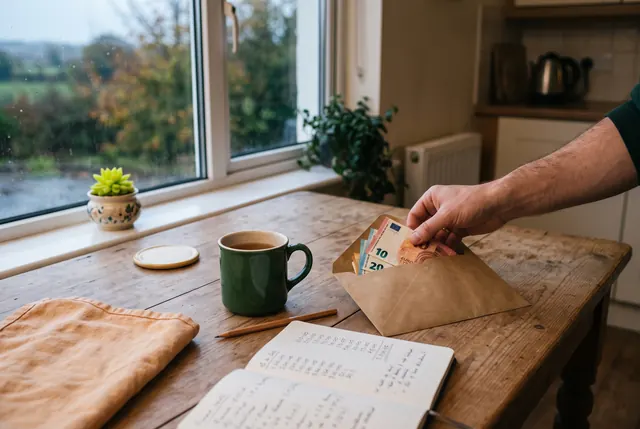 Euro notes going into a brown envelope set aside on a kitchen table