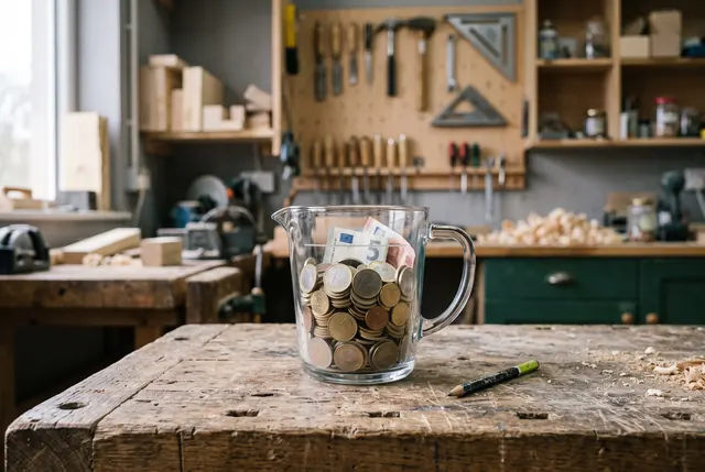 A glass measuring jug on a workbench, filled with euro coins and notes almost to its line