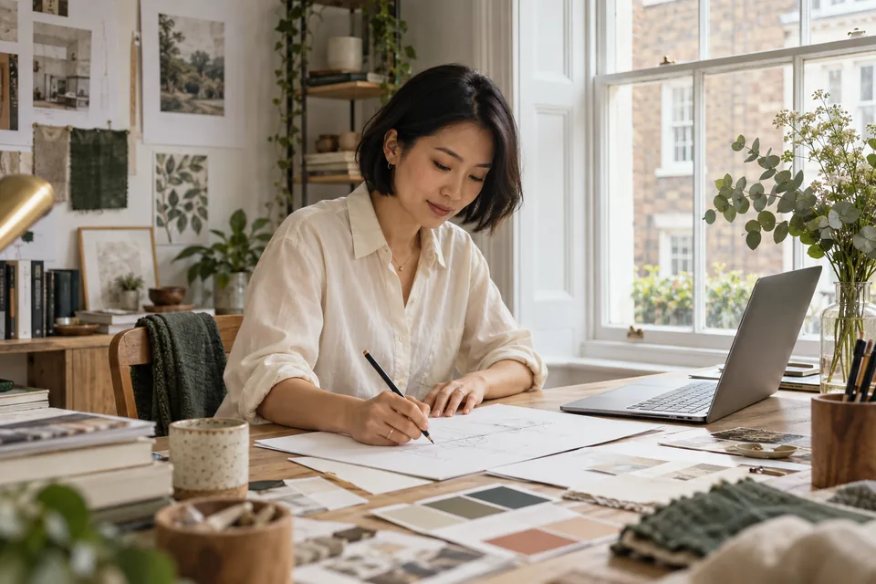 A freelance designer sketching at a sunlit studio desk