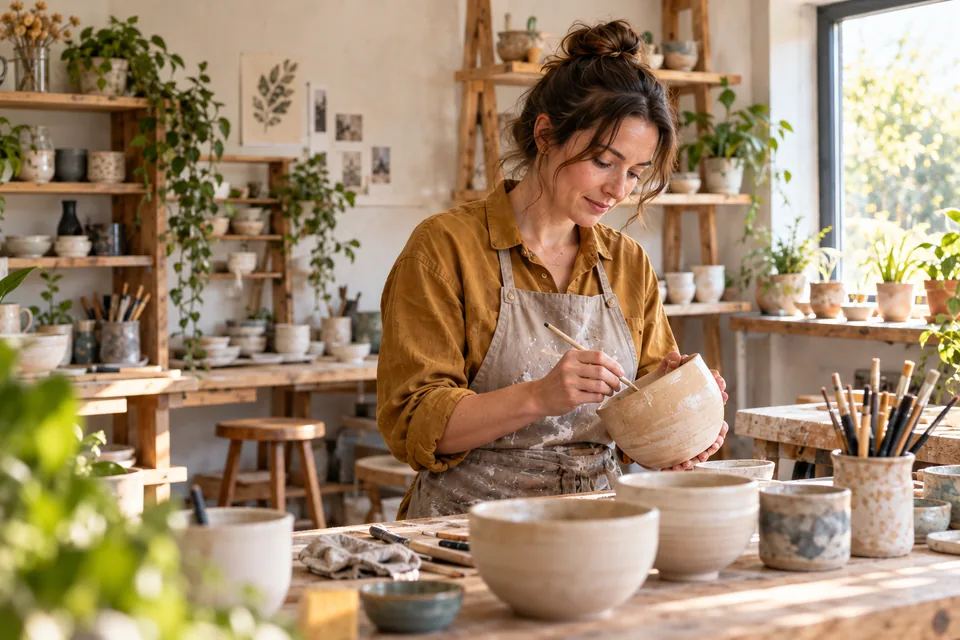 A ceramic artist painting a handmade bowl in a sunlit workshop