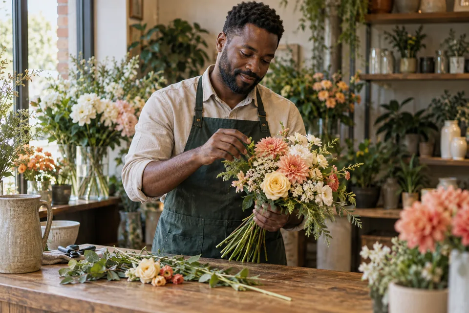 A florist arranging flowers at a neighbourhood shop counter