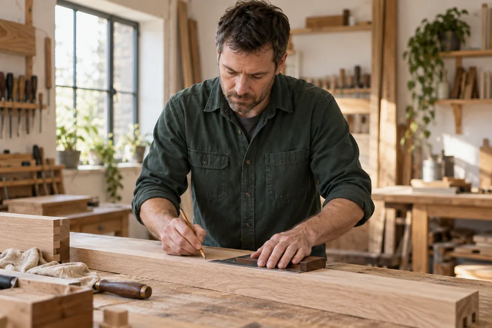 A carpenter measuring oak at a workshop bench