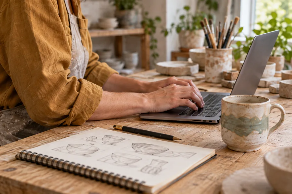 An independent maker using a laptop beside a sketchbook and handmade mug