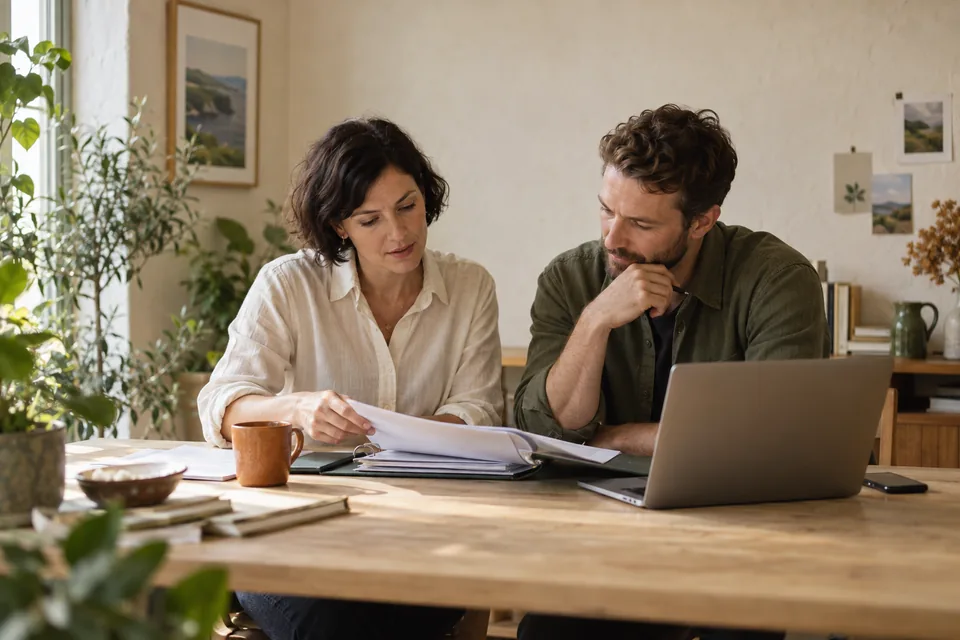An accountant and a small-business owner reviewing documents together