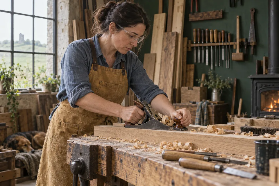 A self-employed carpenter hand-planing an oak board in her workshop