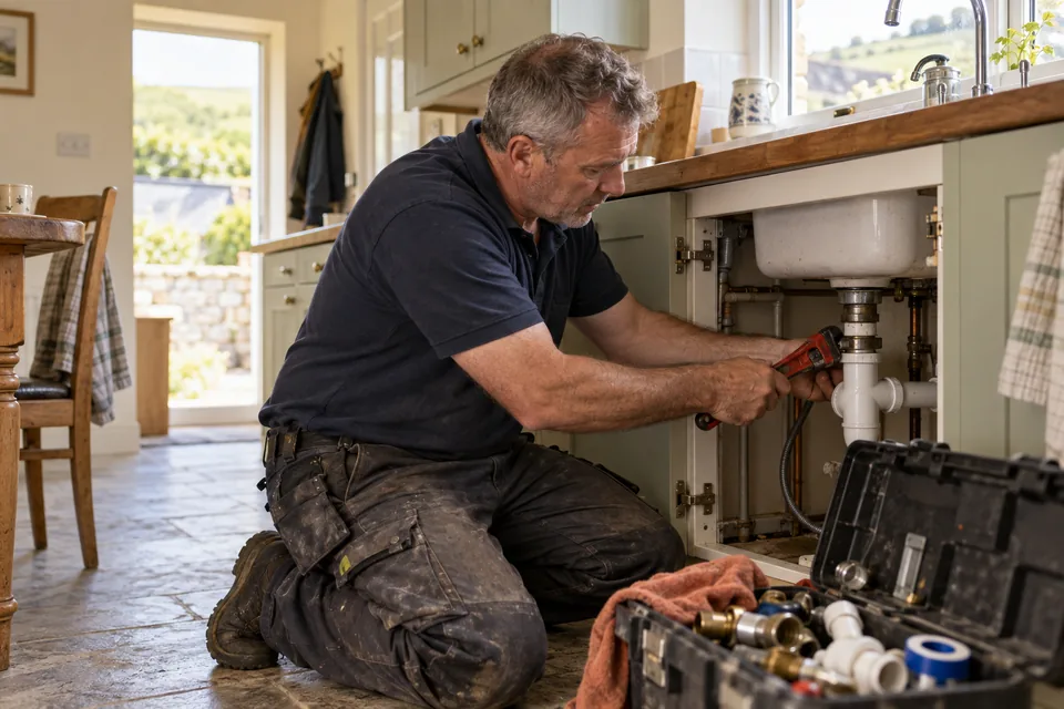A plumber repairing pipework in a customer's kitchen