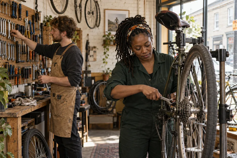 Two mechanics working together in an independent bicycle repair shop