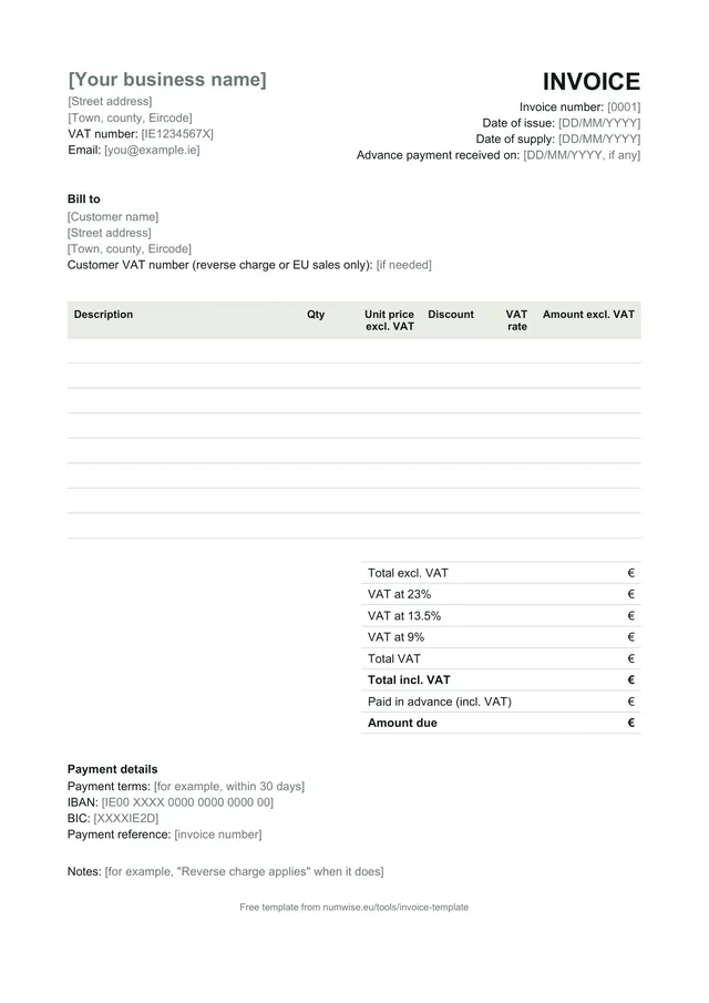 Preview of the invoice template: your details and the invoice number at the top, the customer, a table of invoice lines, VAT at 23%, 13.5% and 9%, the amount due and payment details